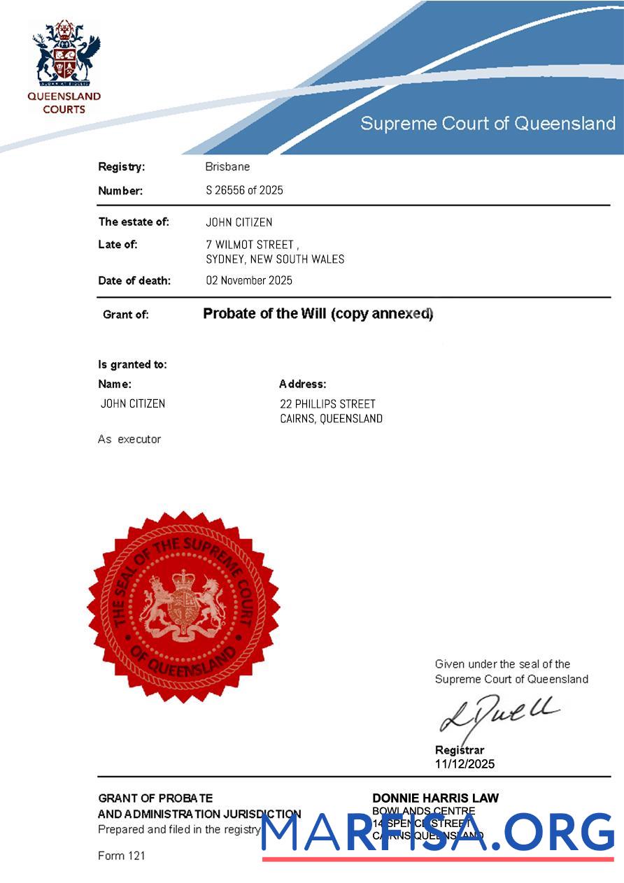 Blank Australia Probate of the Will (Supreme Court of Queensland) real example